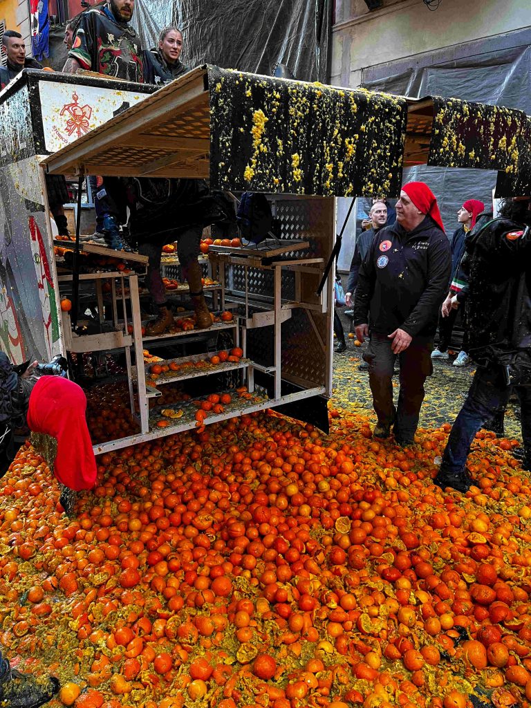 War cart of oranges, Carnival di Ivrea, Italy