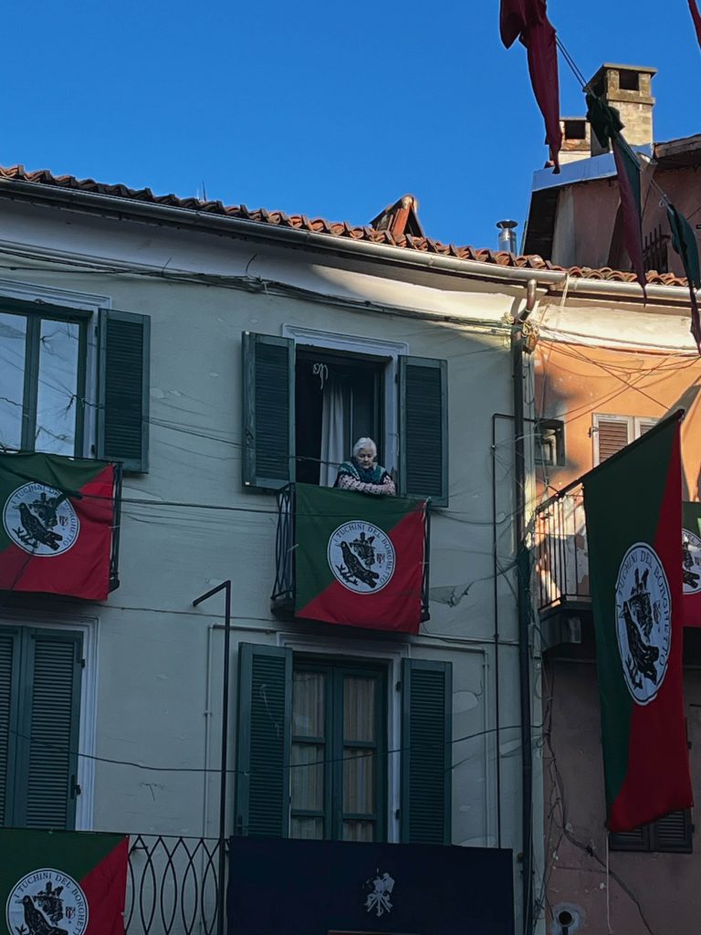 Lady watching the battle, Carnival di Ivrea, Italy