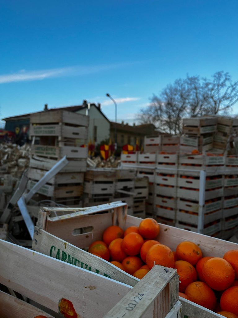 More crates of oranges, Carnival di Ivrea, Italy