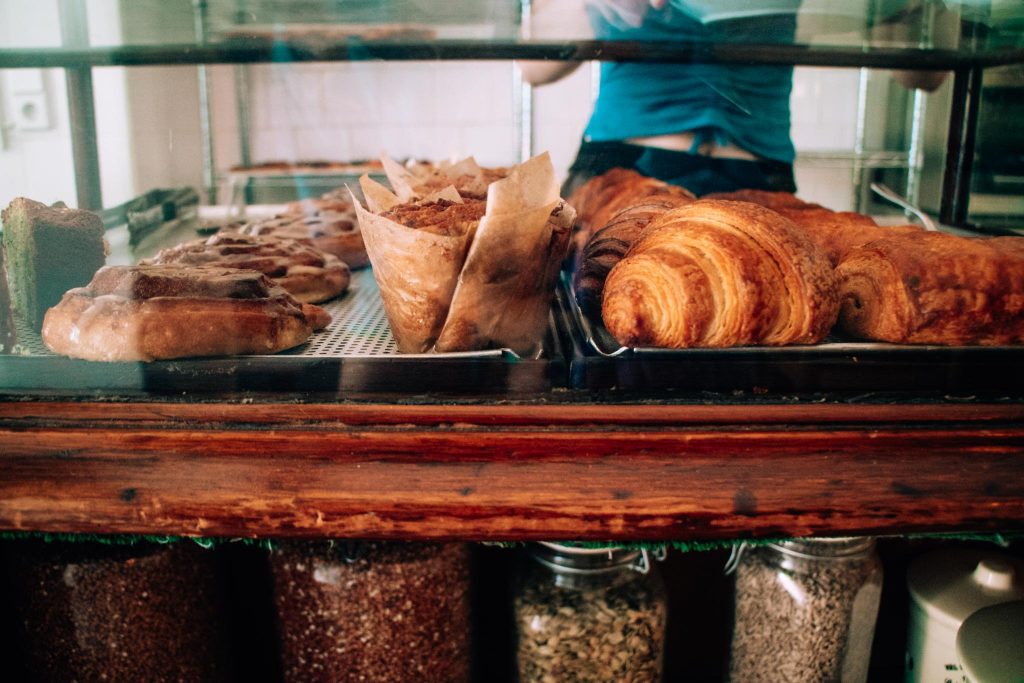 Display of croissants and rolls at Oshione gluten free bakery, Berlin, Germany