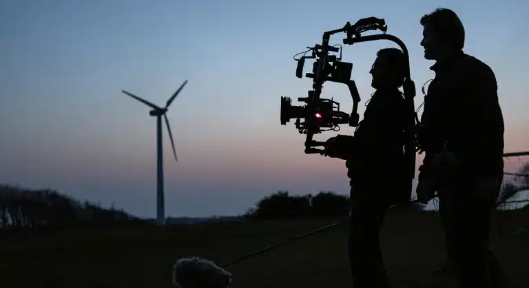 Silhouette of a film crew shooting at a field with a wind turbine in the background