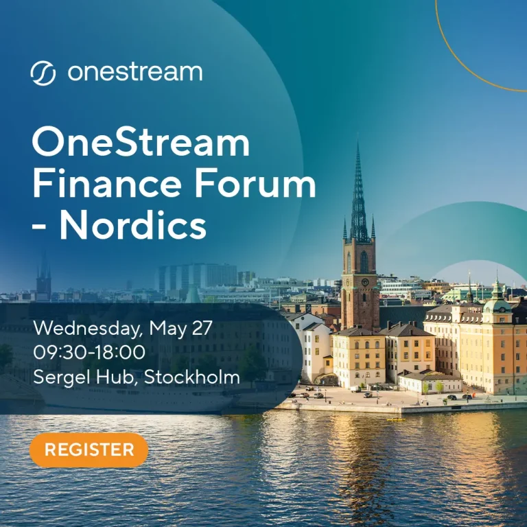 OneStream Finance Forum Nordics Event details on Stockholm background