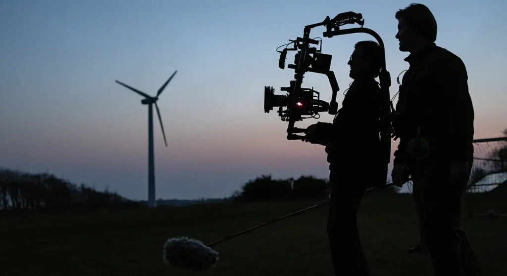 Film crew shooting at an open field with a windmill in the background