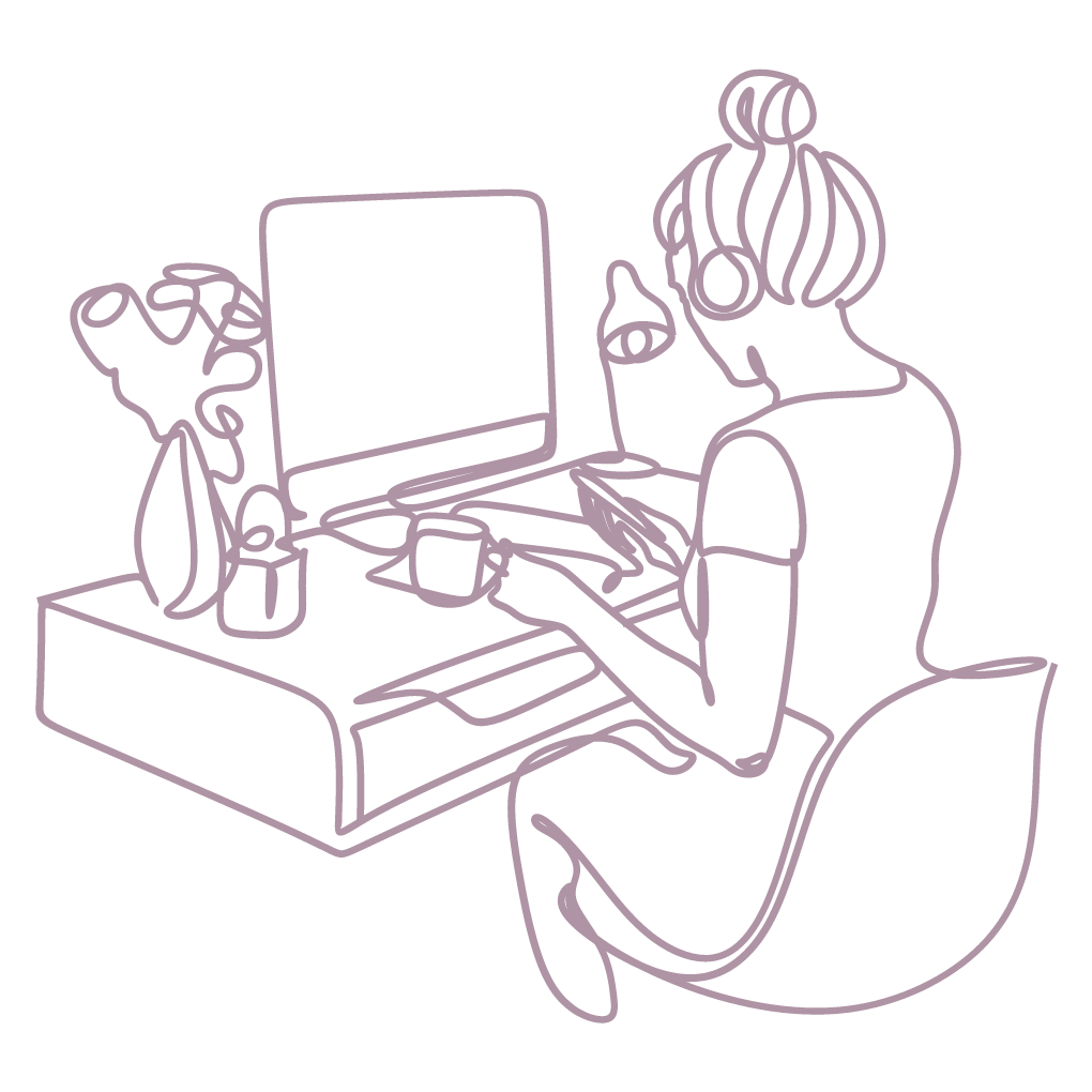 Illustration of woman at desk working - Virtual Assistant for sole traders for one off projects 