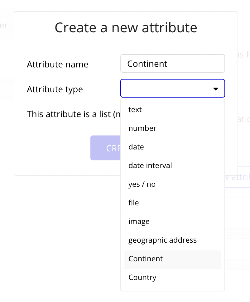 Screenshot showing the different attribute types for Option Sets in Bubble.