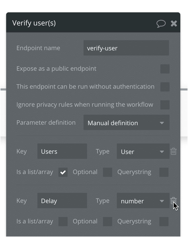 Removing a parameter from a backend workflow in Bubble