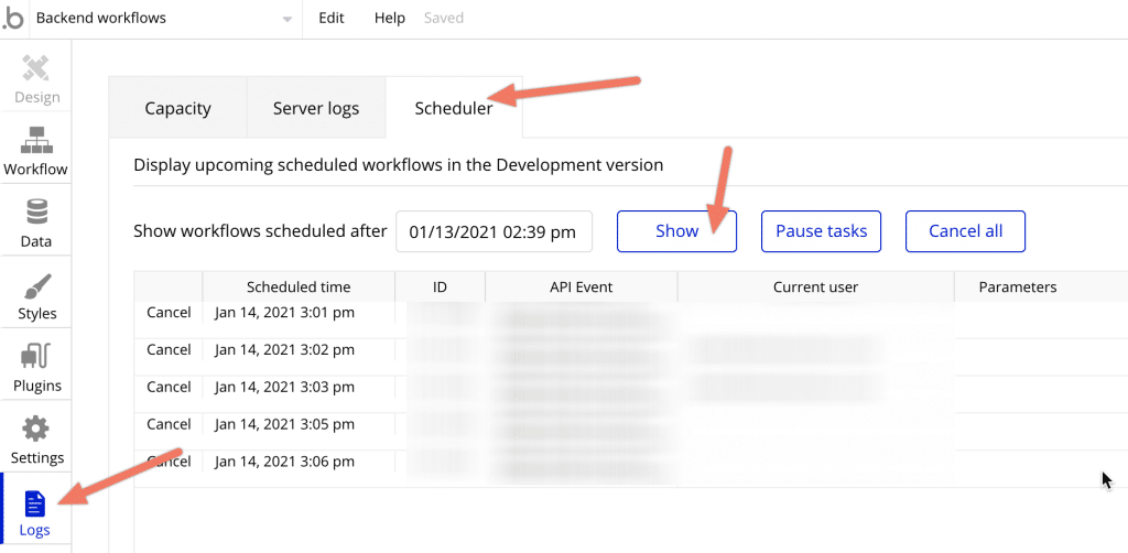 The Bubble Scheduler window showing how to cancel a scheduled workflow