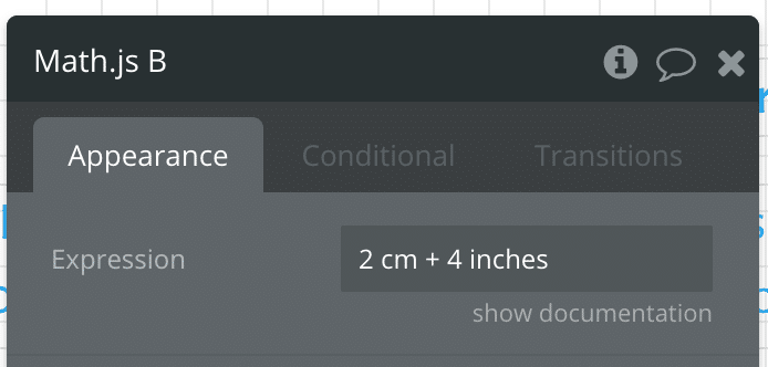 Screenshot showing unit conversion between cm and inches in Bubble.