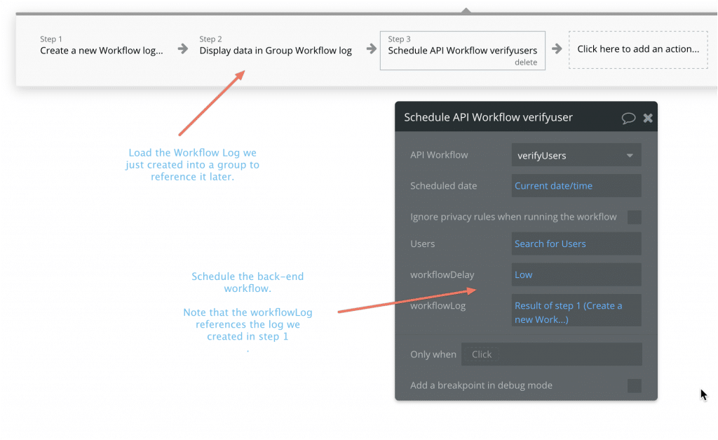 Screenshot showing how to set up the workflow on the button.