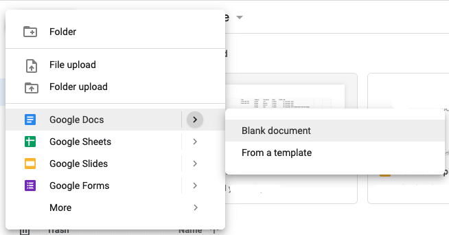 Screenshot of the create document menu in Google Drive.