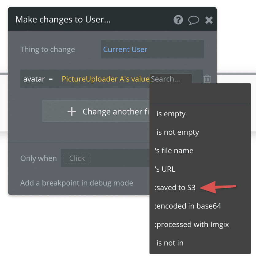 The :saved to S3 operator in the Bubble workflow editor