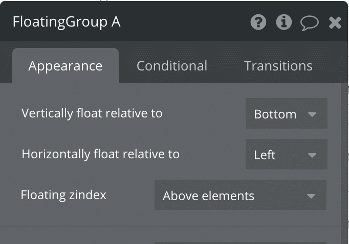 The Floating Group property editor.