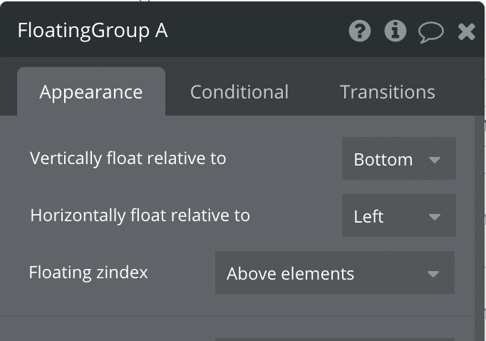 Understanding Bubble Groups The Floating Group property editor.