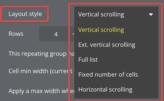 Bubble's different Repeating Group Layout Styles