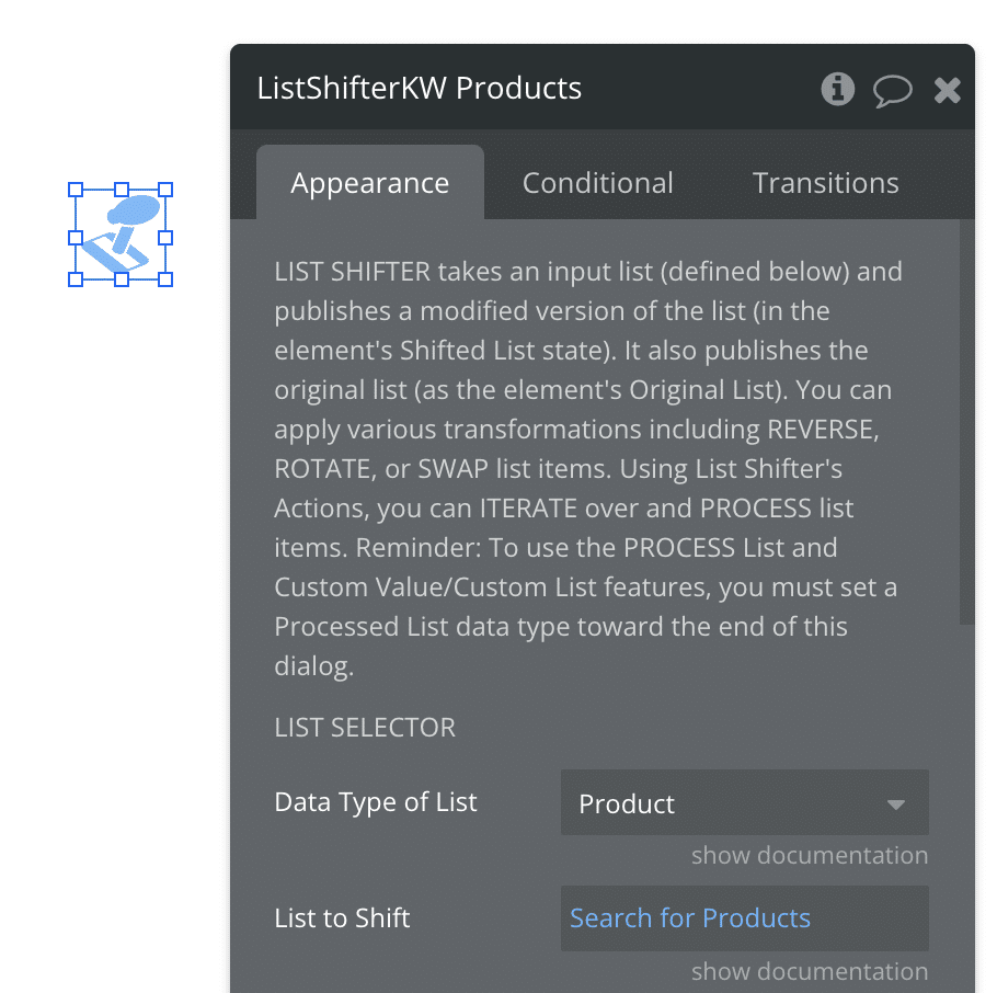 Using List Shifter in the Bubble editor to perform a search for Products