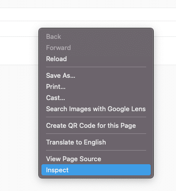Chrome's right-click menu showing the Inspect option to open Chrome Developer Tools.