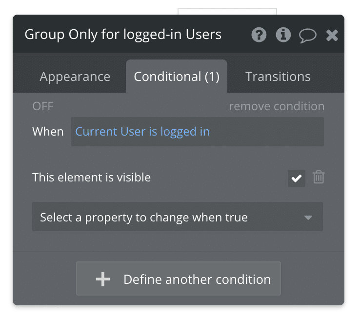 Bubble conditions used to hide a group when the User is not logged in.