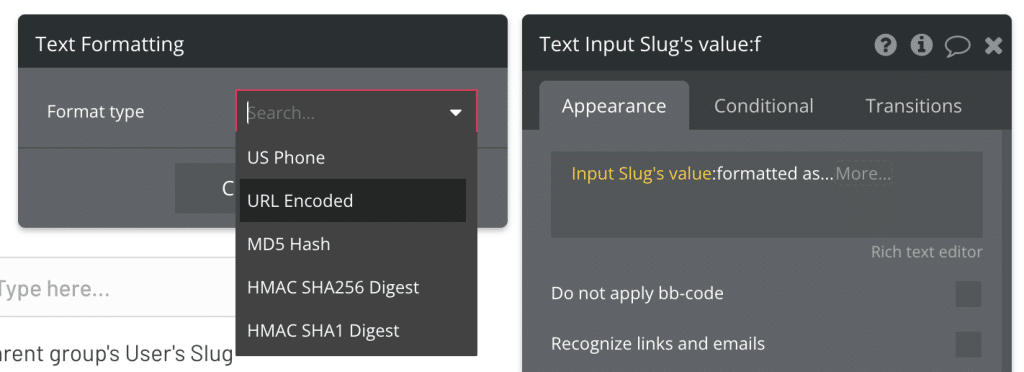 Showing the formatted as URL encoded operator in Bubble