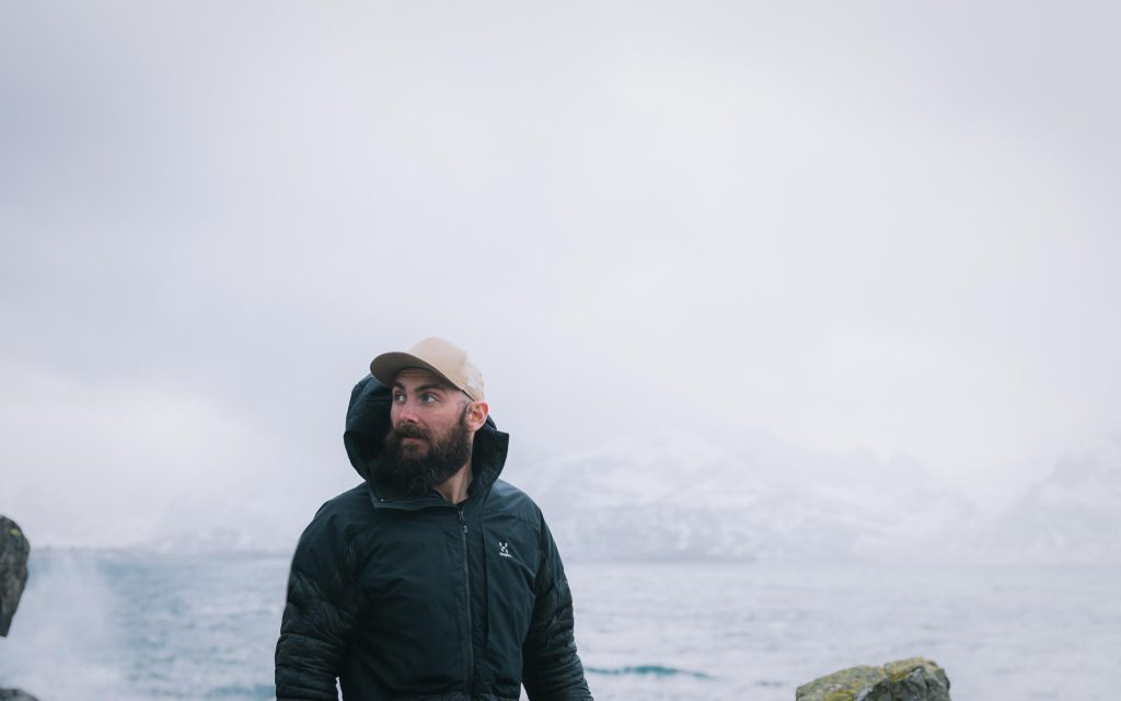 Haglöfs jacket in front of mountains in lofoten