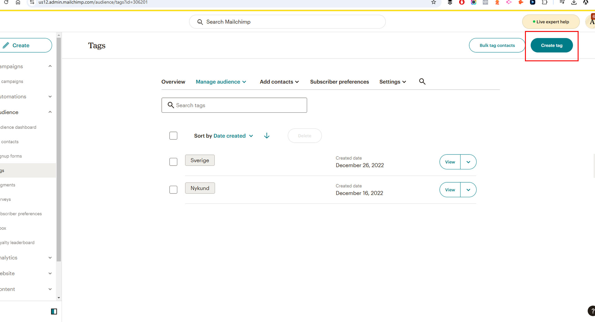 Skapa Tagg i Mailchimp
