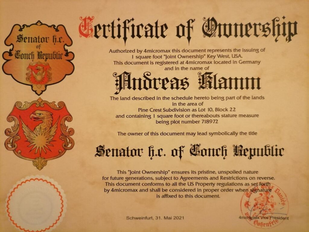 Andreas Klamm ist jetzt auch Senator h. c. of Conch Republic