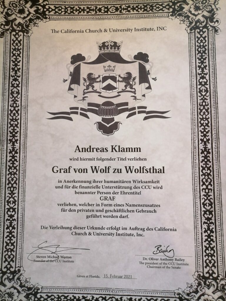 Andreas Klamm darf als Andreas Klamm Graf von Wolf zu Wolfsthal auftreten