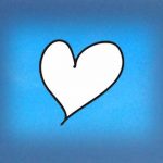 a hand drawn heart, black outline with while fill on a gradient of blue background