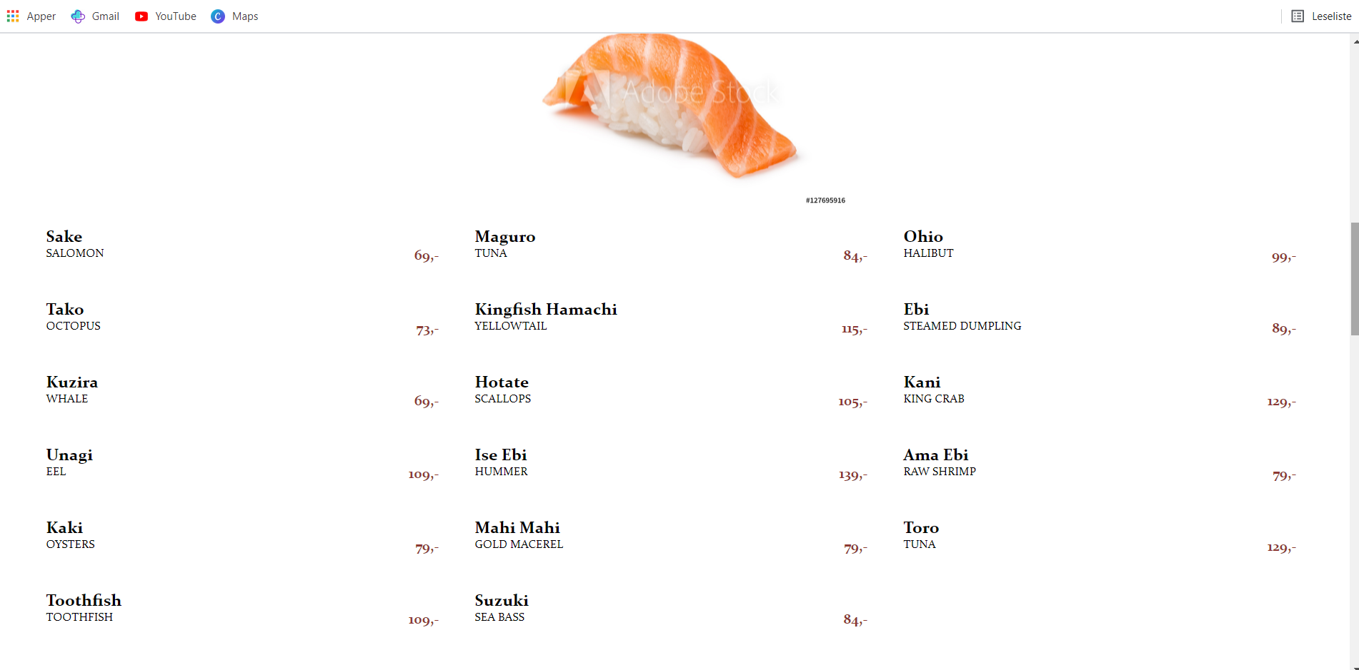 Zen sushi, menu website