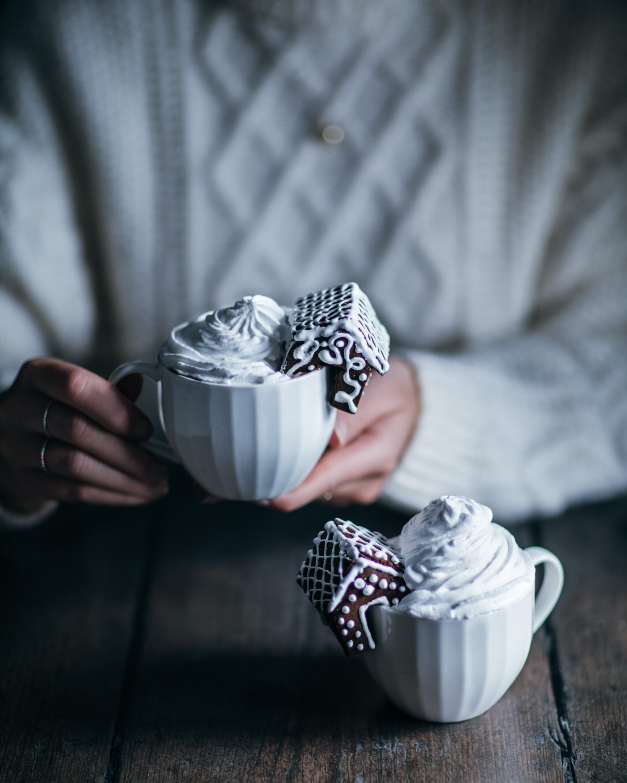 Hot cocoa with cream and tiny gingerbread houses