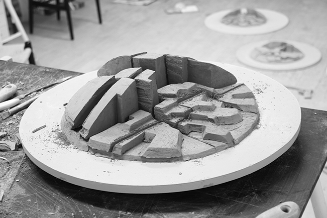 Urban Art Proposal—Plastermodel - 9 - "A Time Wheel" for Faxe roundabout, tracing city growth through quarry fractures