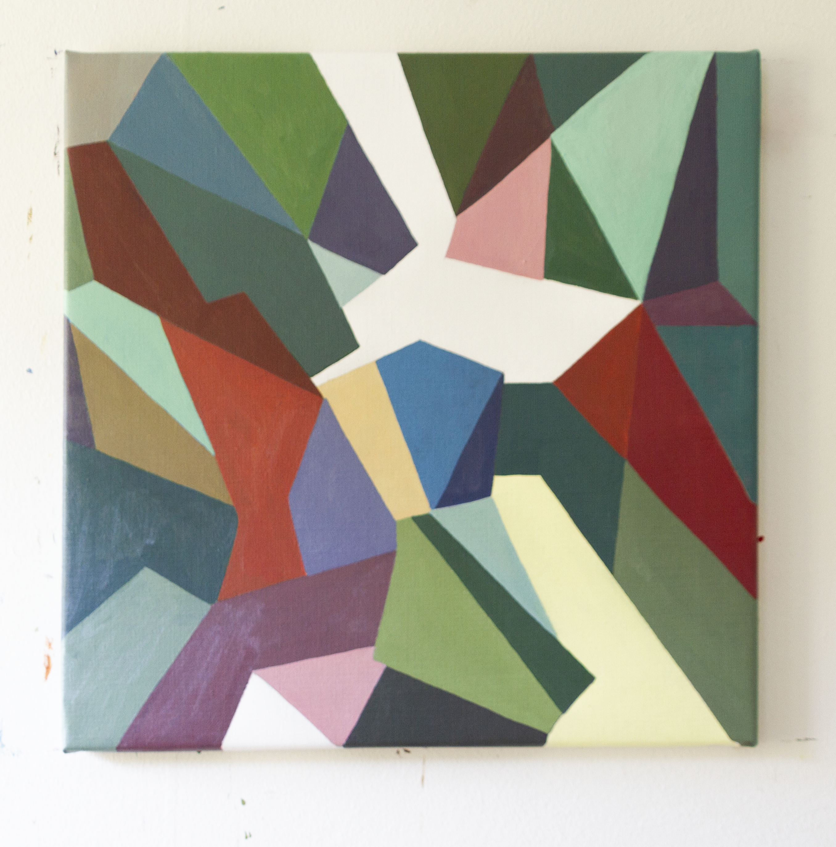 Without Words – Paintingfamily 2: No. 2 C in studio (50x50 cm). Abstract, nonverbal art balancing chaos and order.