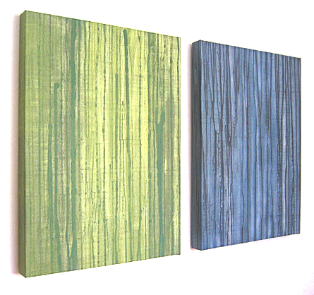Abstract paintings on 3D wooden canvases exploring Euclidean parallelism, depth, and color saturation in dynamic compositions. 16