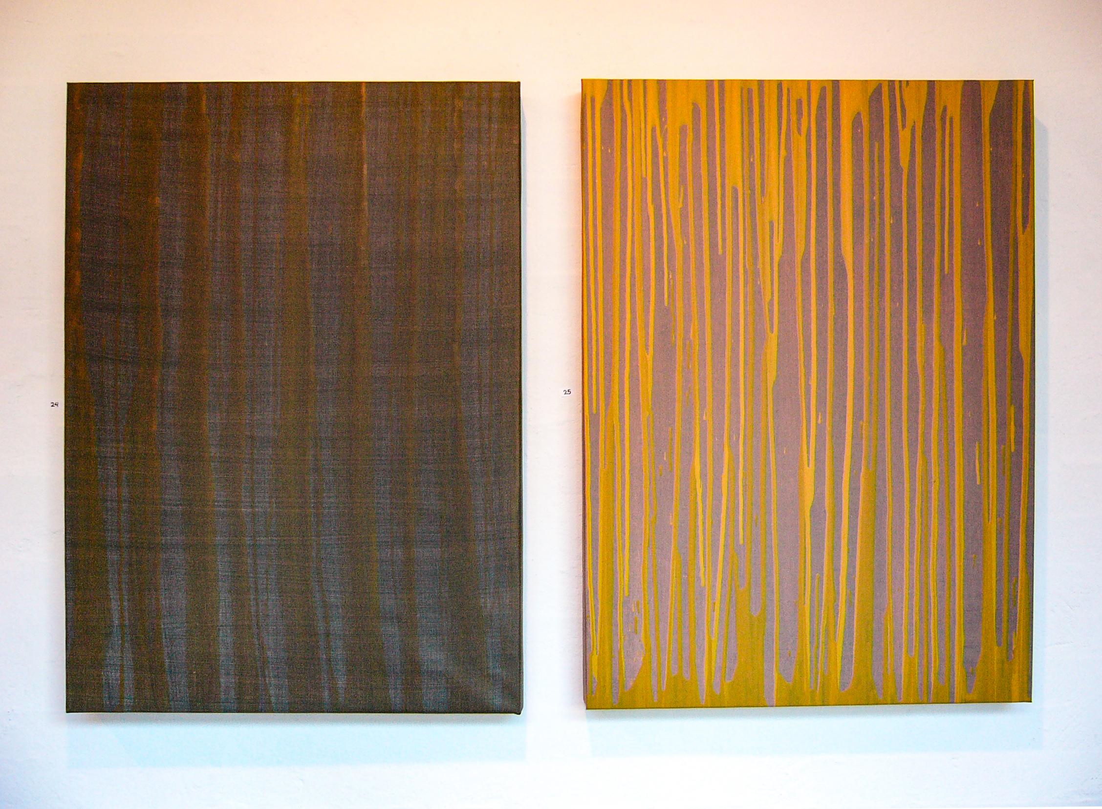 Abstract paintings on 3D wooden canvases exploring Euclidean parallelism, depth, and color saturation in dynamic compositions. 13