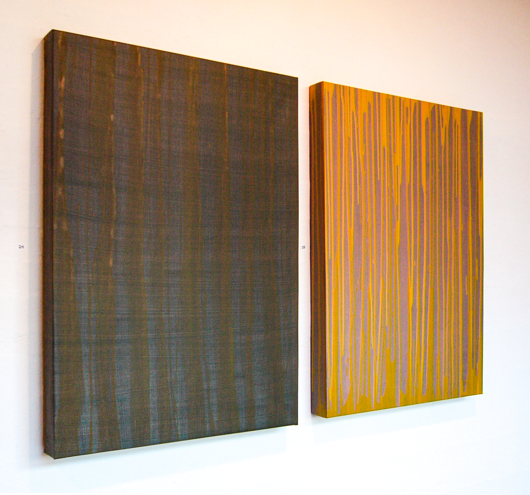 Abstract paintings on 3D wooden canvases exploring Euclidean parallelism, depth, and color saturation in dynamic compositions. 14