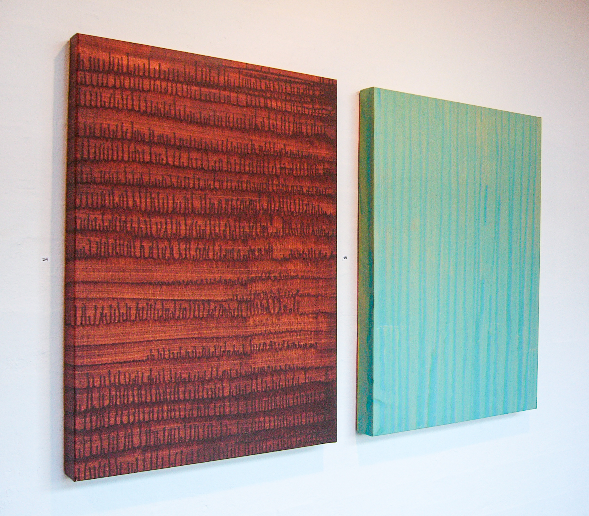 Abstract paintings on 3D wooden canvases exploring Euclidean parallelism, depth, and color saturation in dynamic compositions. 12