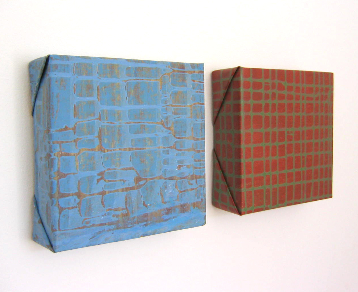 Abstract paintings on 3D wooden canvases exploring Euclidean parallelism, depth, and color saturation in dynamic compositions. 4