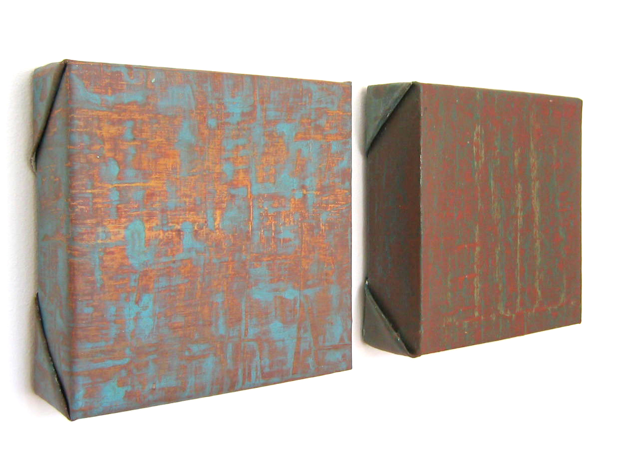 Abstract paintings on 3D wooden canvases exploring Euclidean parallelism, depth, and color saturation in dynamic compositions. 6