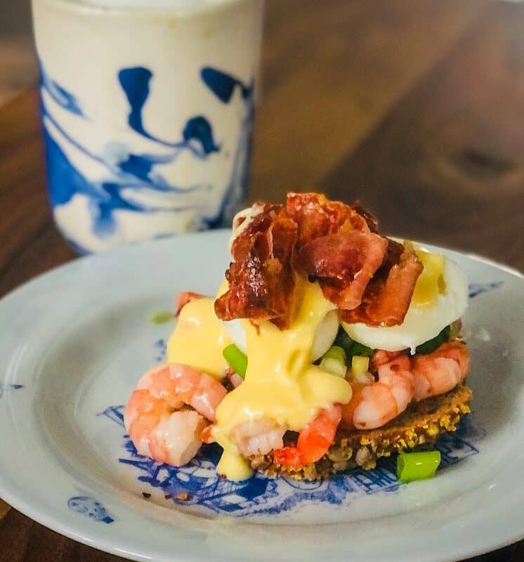 white and blue ceramic plate with rice and fried chicken