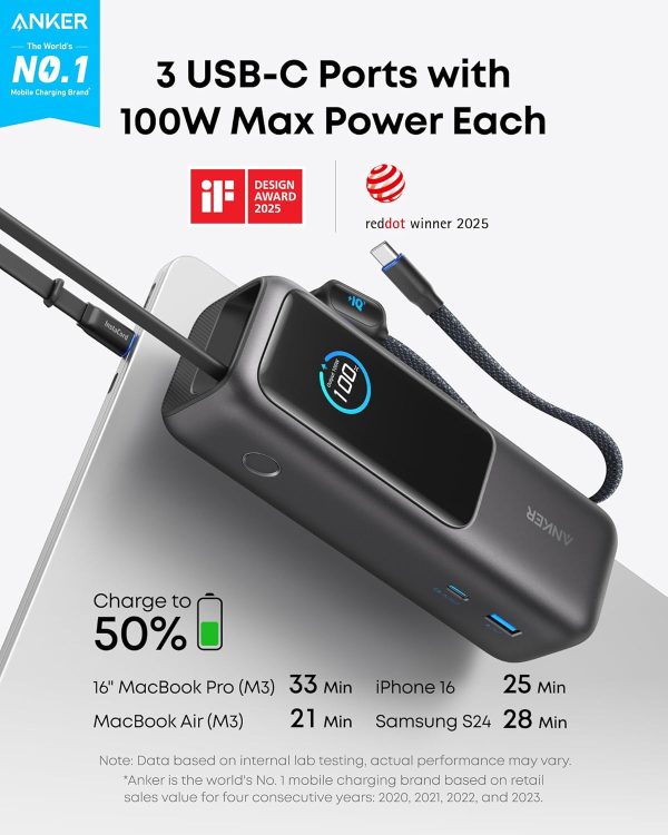 Anker 25K, 165W, Built-In USB-C and Retractable CABLE Negro - Imagen 2