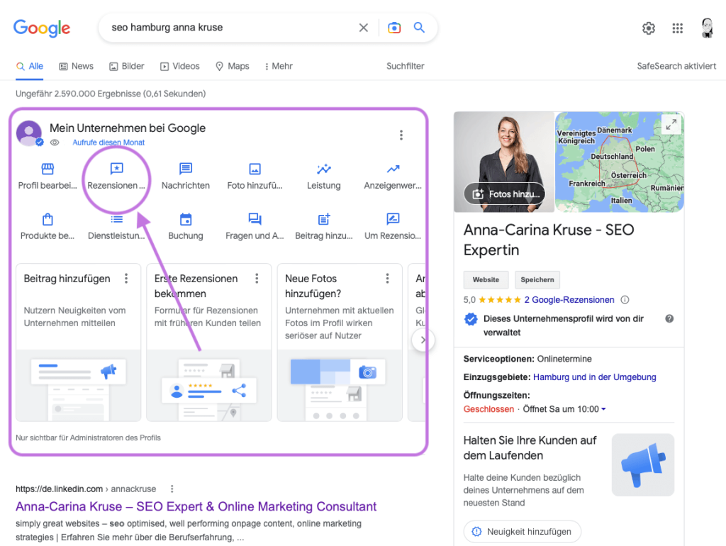 Google MyBusiness Eintrag: Link finden, Schritt 1