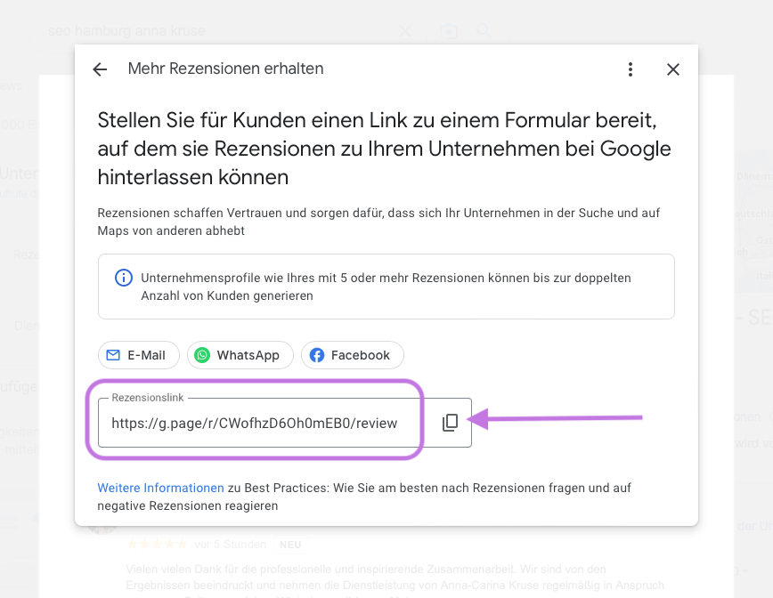 Google MyBusiness Eintrag: Link finden, Schritt 3