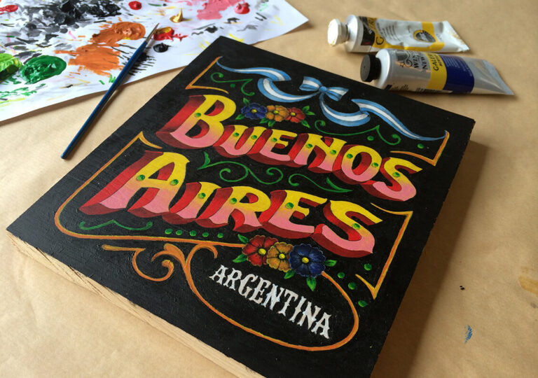 Handmålad typografi till kapitelstartsida om Buenos Aires i boken "Alla älskar grillat" av Christian Hellberg