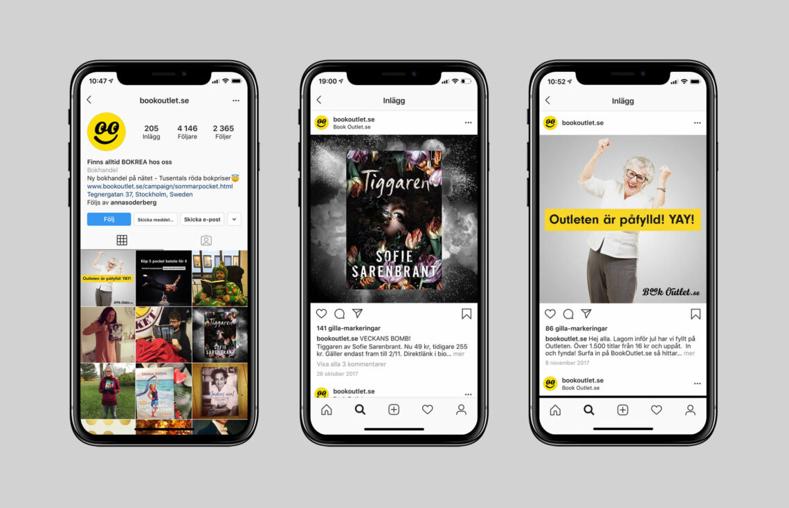 Tre mobilskärmar med Book Outlet på Instagram
