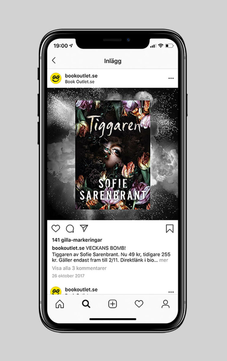 En mobilskärm med annons för boken "Tiggaren" på Book Outlets Instagram