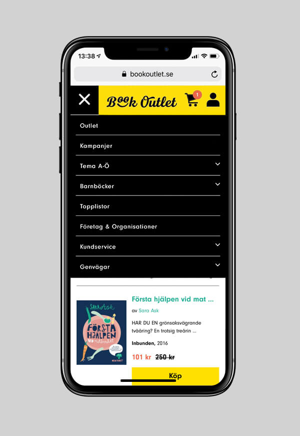 En mobilskärm med meny på Book Outlets hemsida