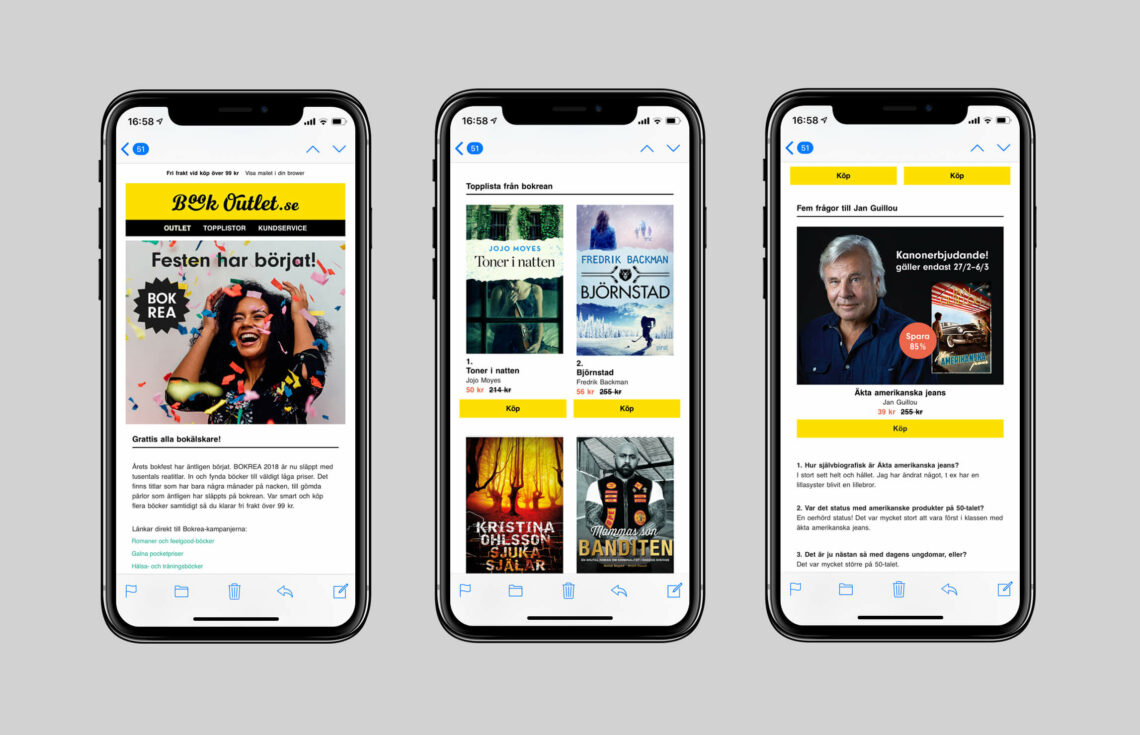 Tre mobilskärmar med Book Outlets nyhetsbrev
