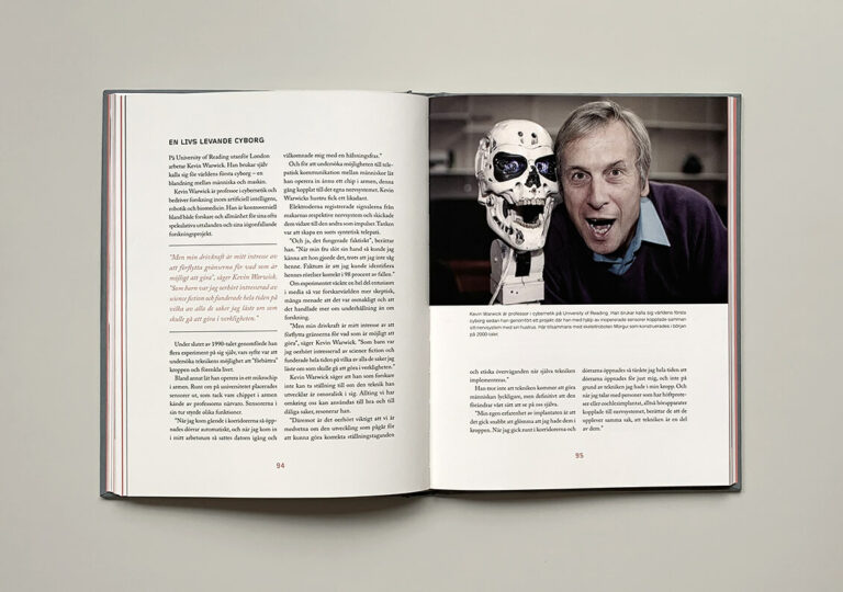 Uppslag med bild på Kevin Warwick i boken "Du sköna nya människa"