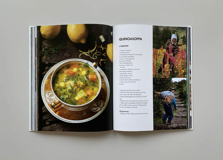 Uppslag med recept på quinasoppa i boken "Mest grönt och konsten att koka bläckfisk"