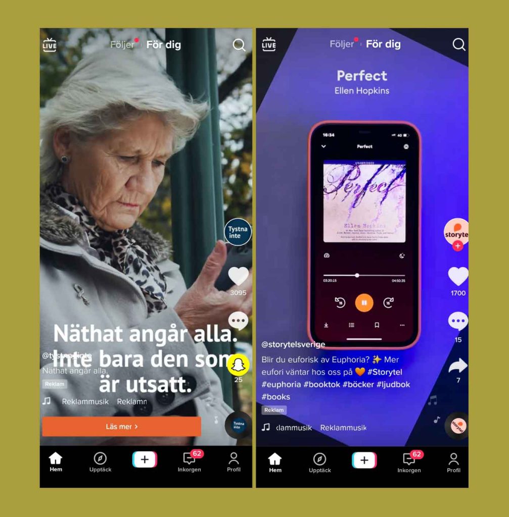 Bild på två olika videoannonser på TikTok