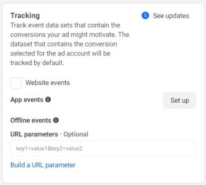 Screenshot på FB Ads Manager delen om spårning